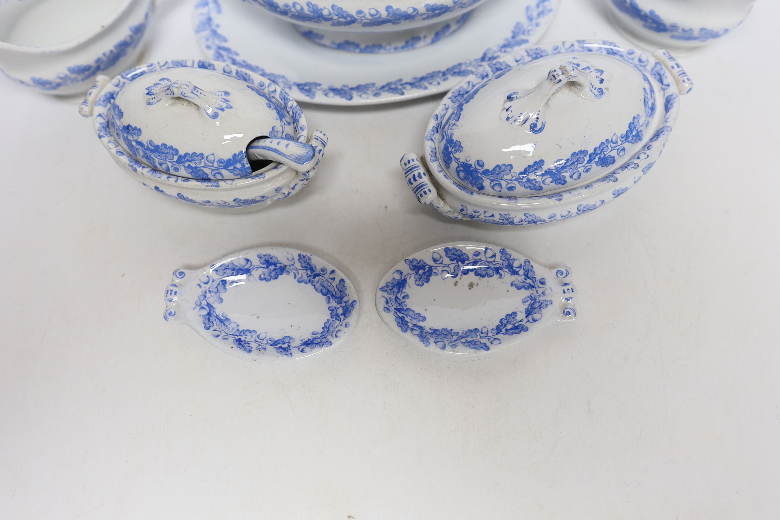 A mid 19th century Staffordshire blue and white child’s toy dinner service, largest 17cm wide (7)